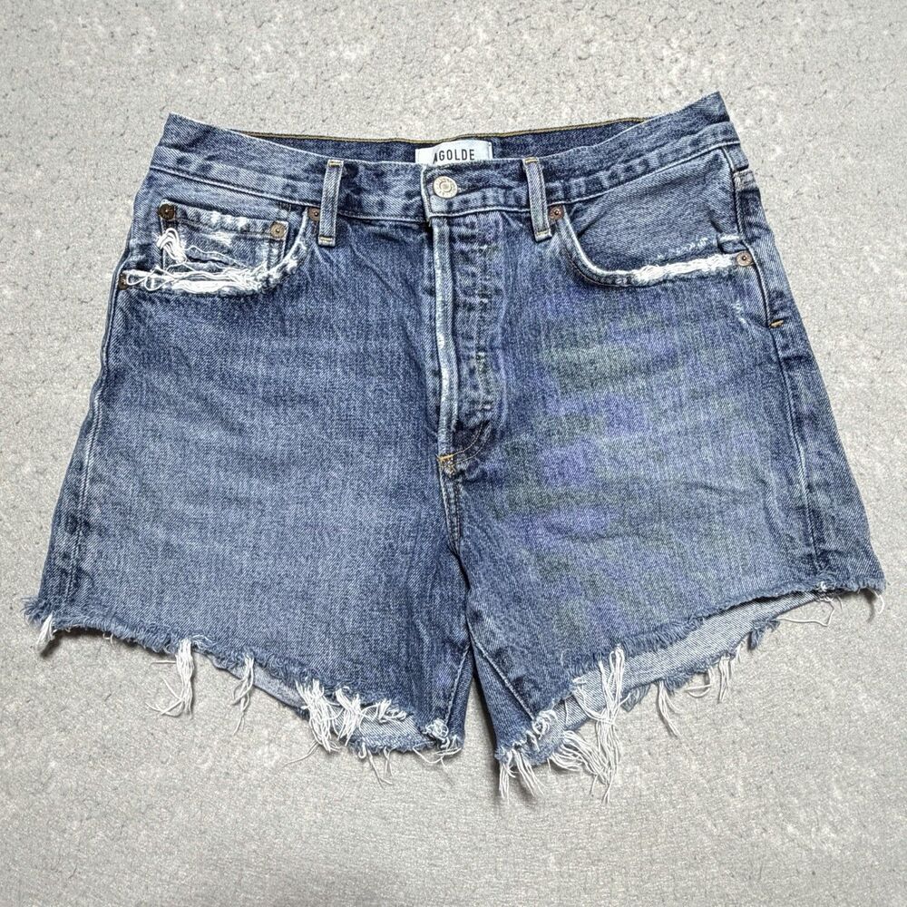 Agolde Reese Button Fly Distressed Jean Shorts Women’s 27 EUC Blue 100% Cotton